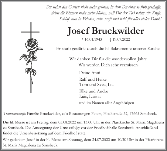 Traueranzeige von Josef Bruckwilder 
