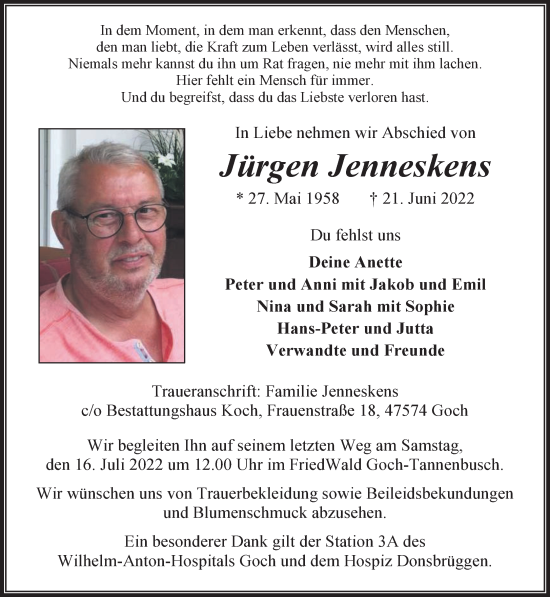 Traueranzeige von Jürgen Jenneskens 