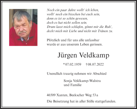 Traueranzeige von Jürgen Veldkamp 