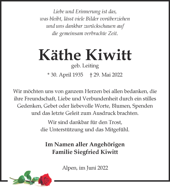 Traueranzeige von Käthe Kiwitt 