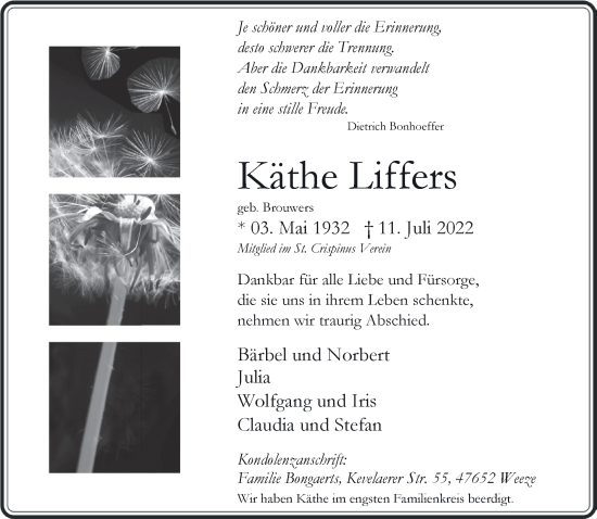 Traueranzeige von Käthe Liffers 