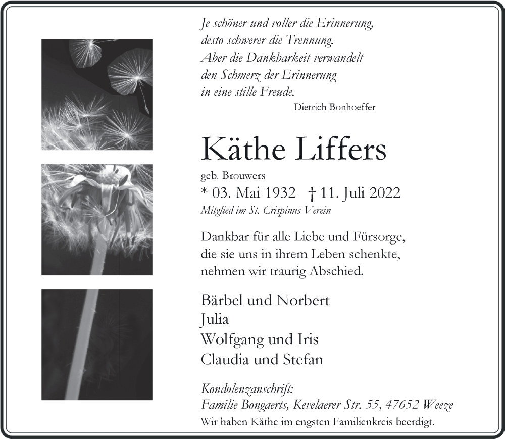  Traueranzeige für Käthe Liffers vom 30.07.2022 aus 