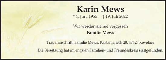 Traueranzeige von Karin Mews 