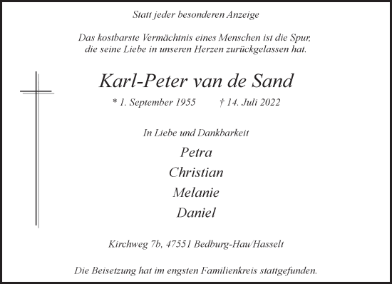 Traueranzeige von Karl-Peter van de Sand 