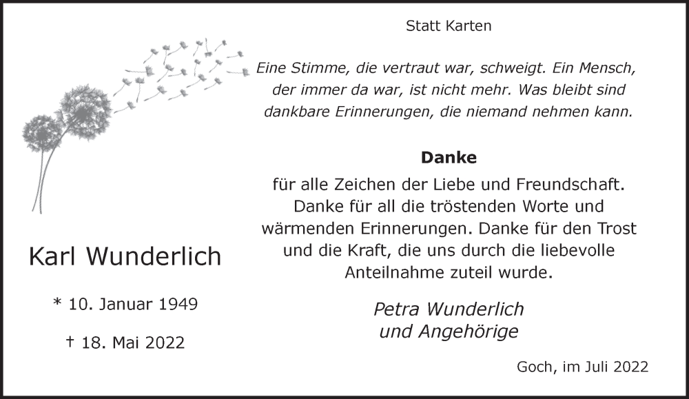  Traueranzeige für Karl Wunderlich vom 02.07.2022 aus 