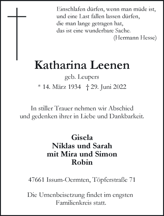Traueranzeige von Katharina Leenen 
