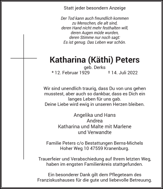 Traueranzeige von Katharina Peters 
