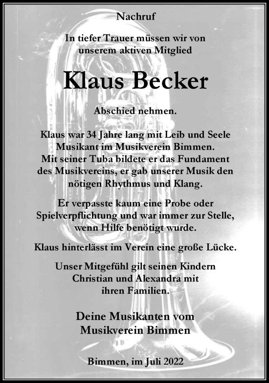 Traueranzeige von Klaus Becker 