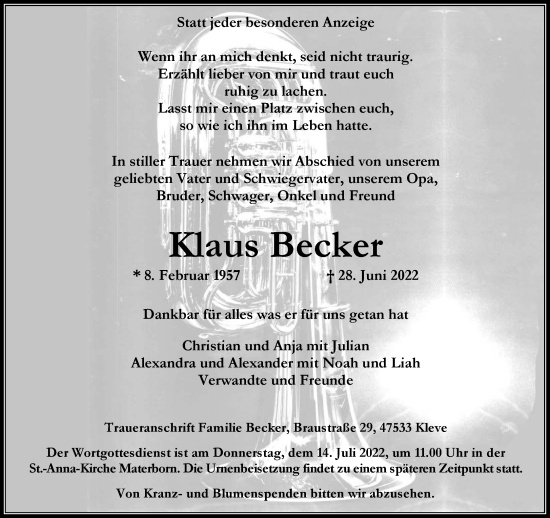 Traueranzeige von Klaus Becker 