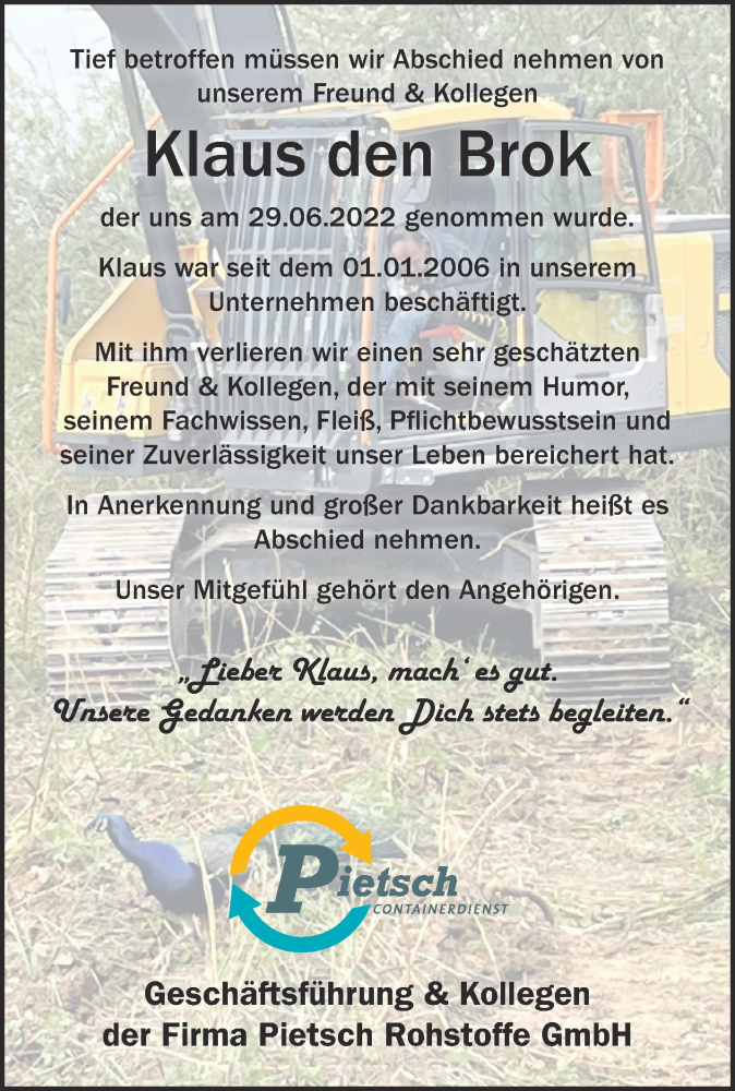  Traueranzeige für Klaus den Brok vom 09.07.2022 aus 