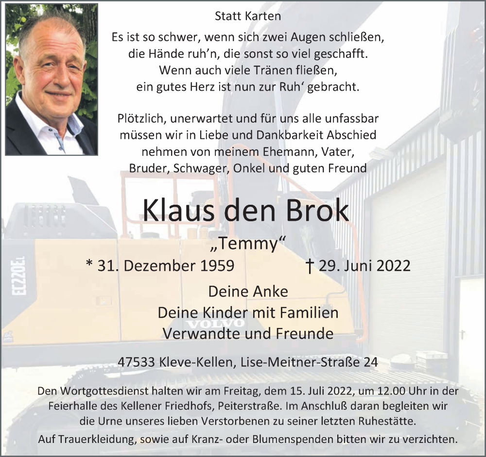  Traueranzeige für Klaus den Brok vom 09.07.2022 aus 