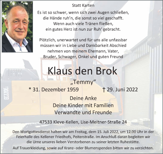 Traueranzeige von Klaus den Brok 
