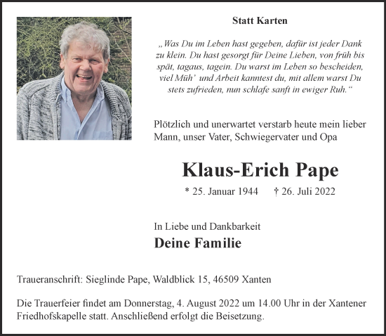 Traueranzeige von Klaus-Erich Pape 