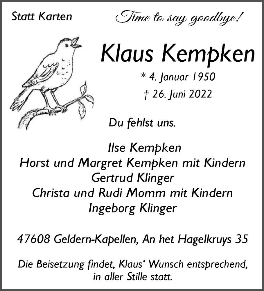  Traueranzeige für Klaus Kempken vom 02.07.2022 aus 