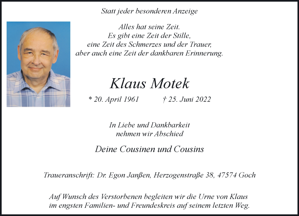  Traueranzeige für Klaus Motek vom 09.07.2022 aus 