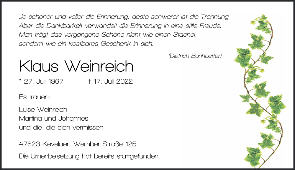  Traueranzeige für Klaus Weinreich vom 30.07.2022 aus 