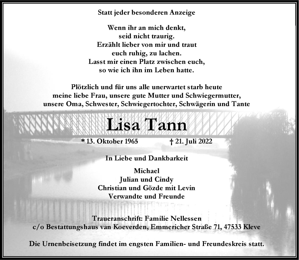  Traueranzeige für Lisa Tann vom 30.07.2022 aus 
