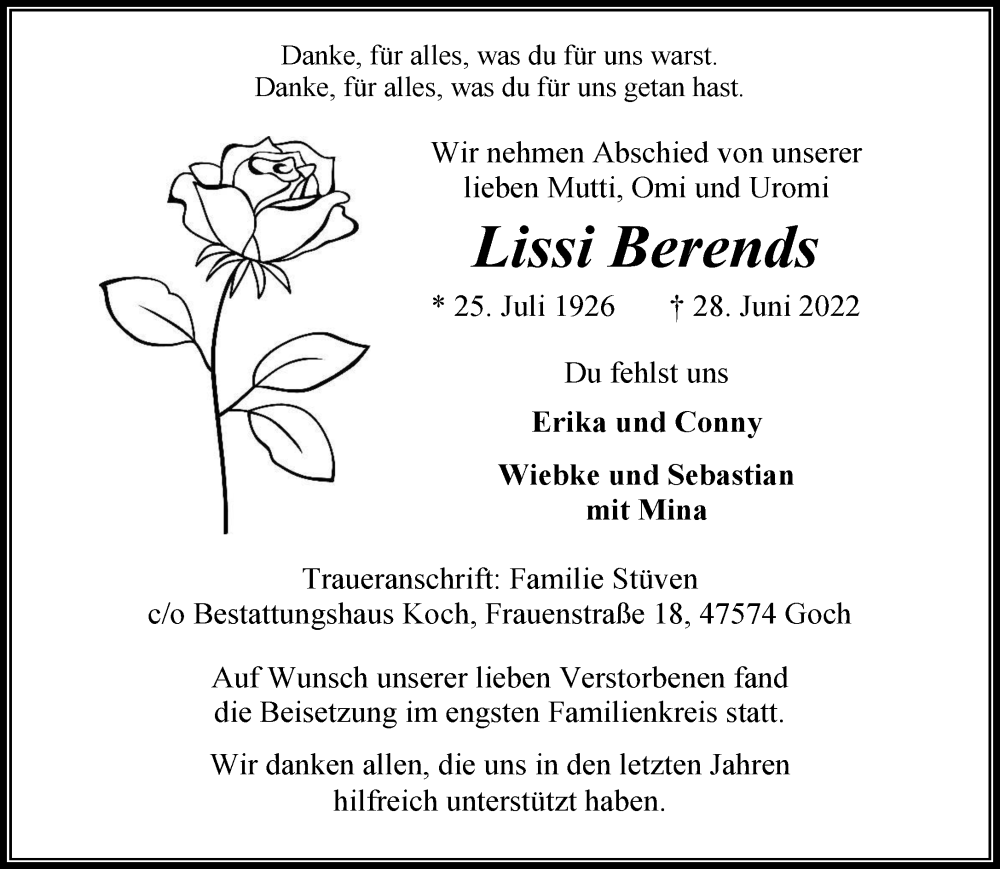 Traueranzeige für Lissi Berends vom 09.07.2022 aus 