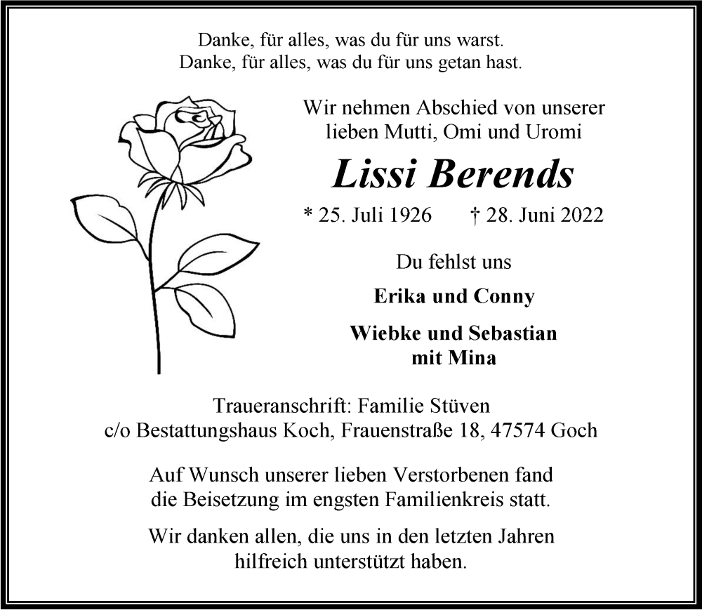  Traueranzeige für Lissi Berends vom 16.07.2022 aus 