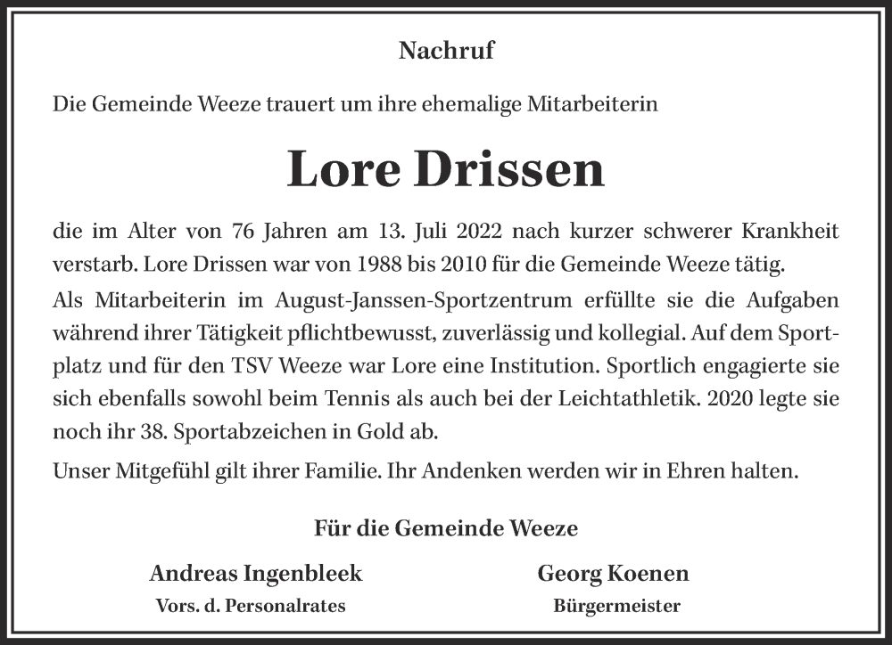  Traueranzeige für Lore Drissen vom 16.07.2022 aus 