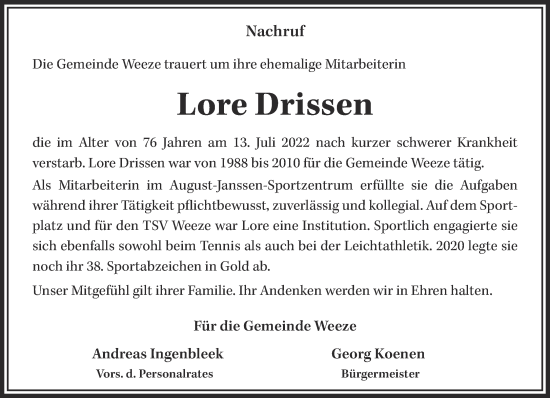 Traueranzeige von Lore Drissen 