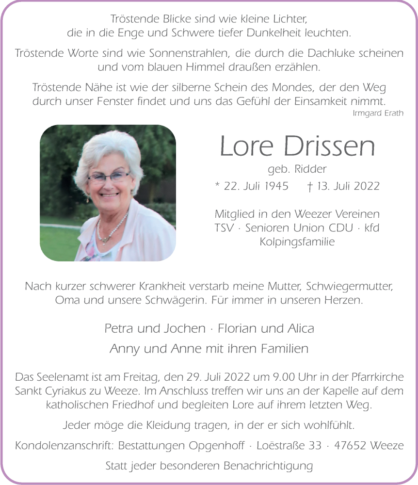  Traueranzeige für Lore Drissen vom 16.07.2022 aus 