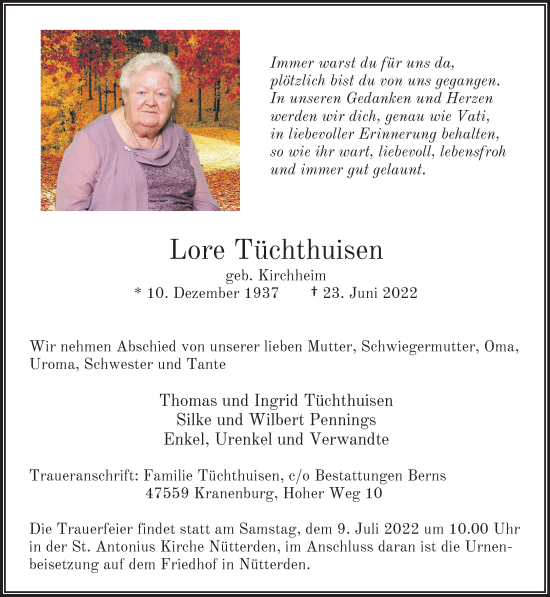 Traueranzeige von Lore Tüchthuisen 
