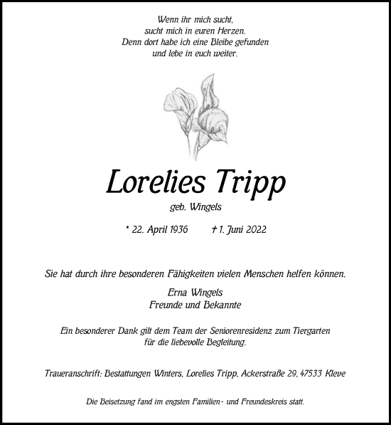 Traueranzeige von Lorelies Tripp 