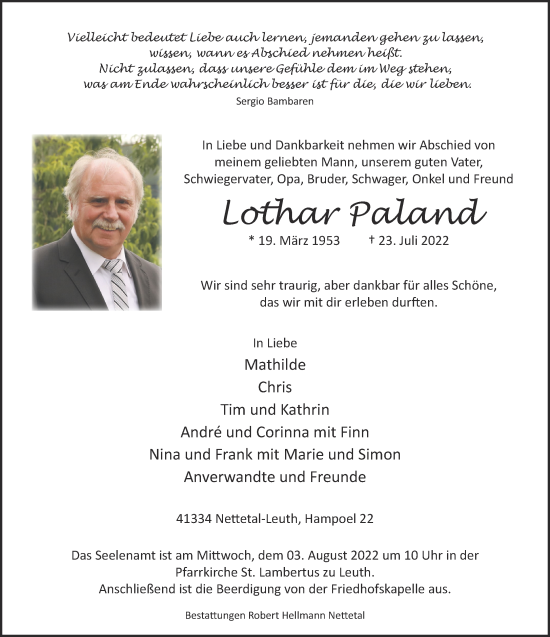 Traueranzeige von Lothar Paland 