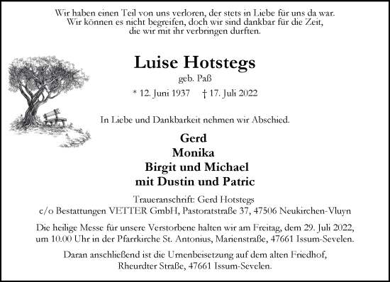 Traueranzeige von Luise Hotstegs 