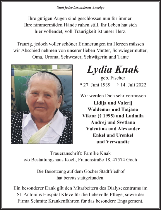 Traueranzeige von Lydia Knak 