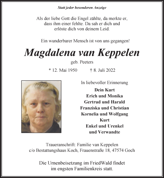 Traueranzeige von Magdalena van Keppelen 