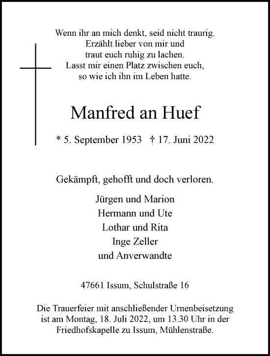Traueranzeige von Manfred an Huef 