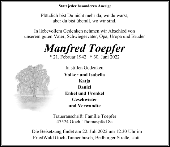 Traueranzeige von Manfred Toepfer 