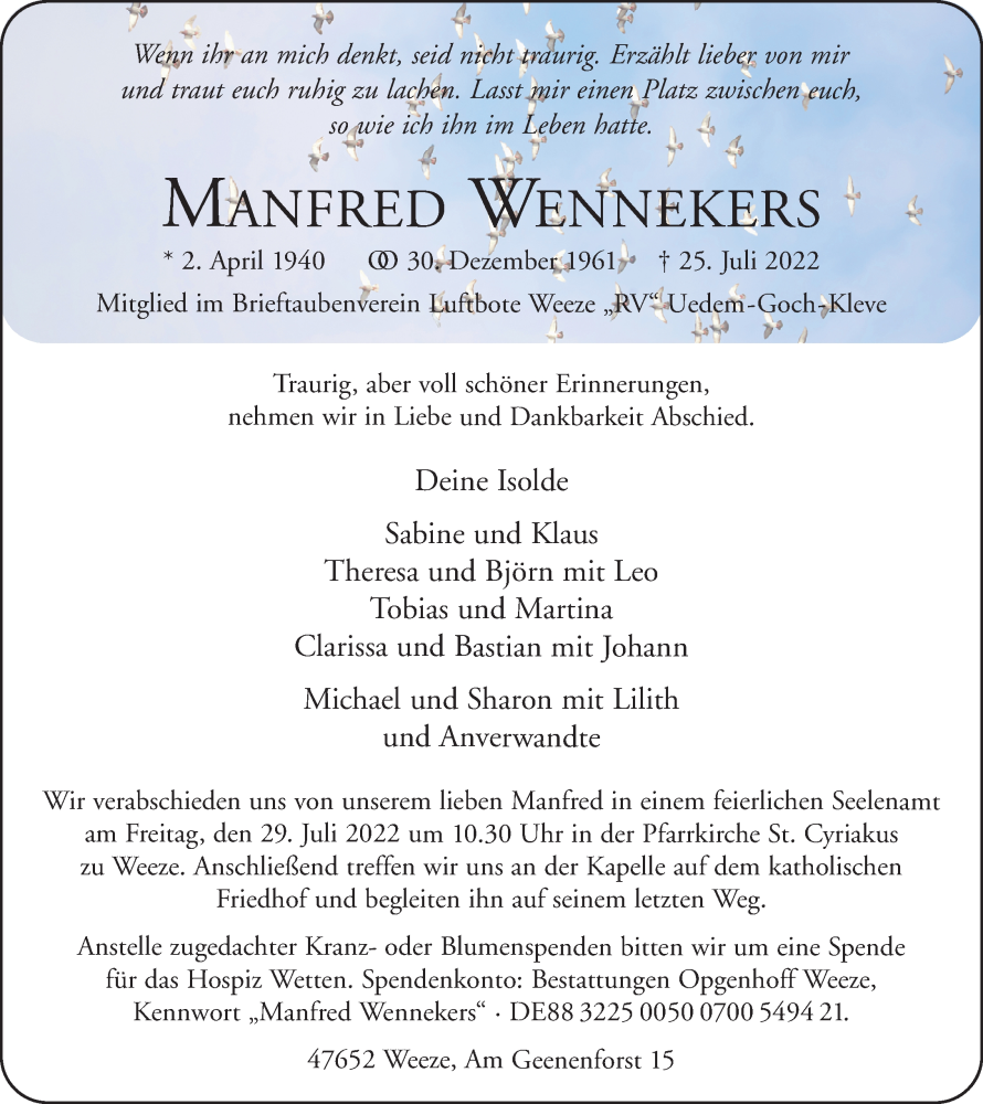  Traueranzeige für Manfred Wennekers vom 27.07.2022 aus 