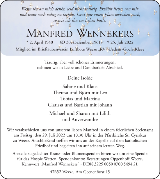 Traueranzeige von Manfred Wennekers 