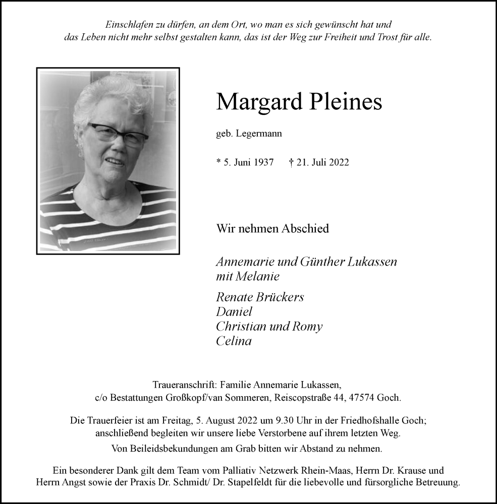  Traueranzeige für Margard Pleines vom 30.07.2022 aus 