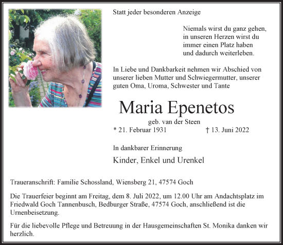 Traueranzeige von Maria Epenetos 