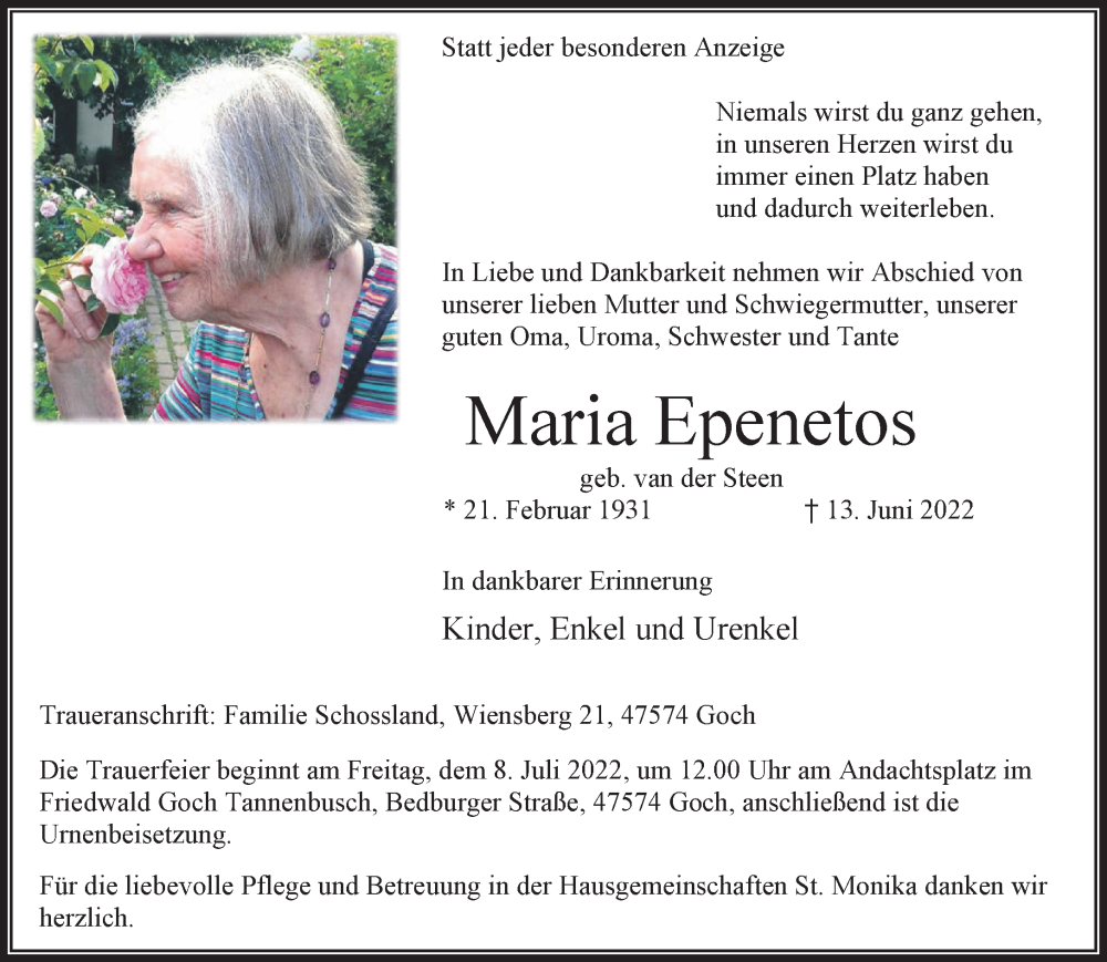  Traueranzeige für Maria Epenetos vom 02.07.2022 aus 