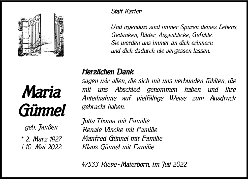  Traueranzeige für Maria Günnel vom 02.07.2022 aus 