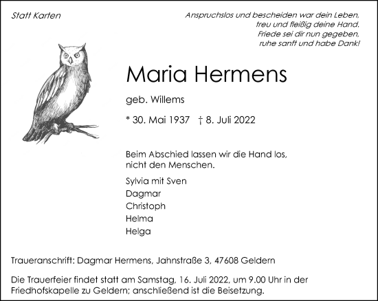 Traueranzeige von Maria Hermens 
