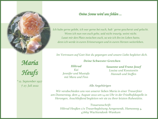 Traueranzeige von Maria Heufs 