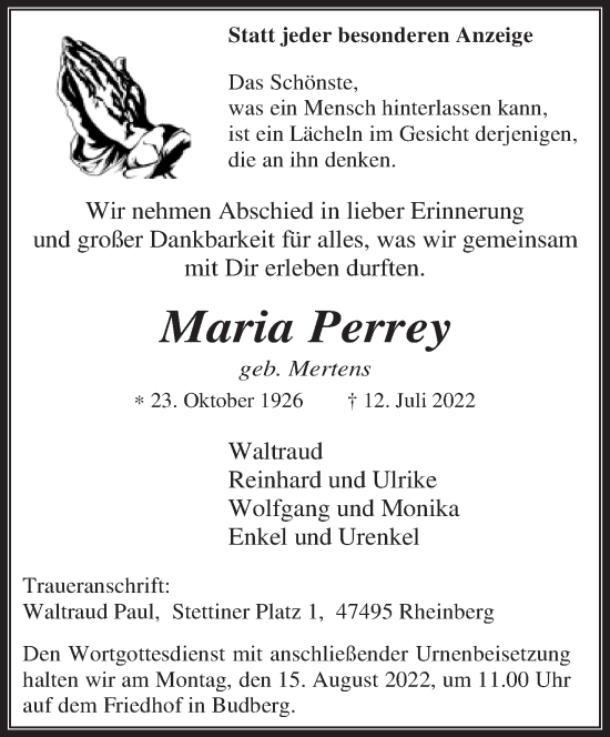 Traueranzeige von Maria Perrey 