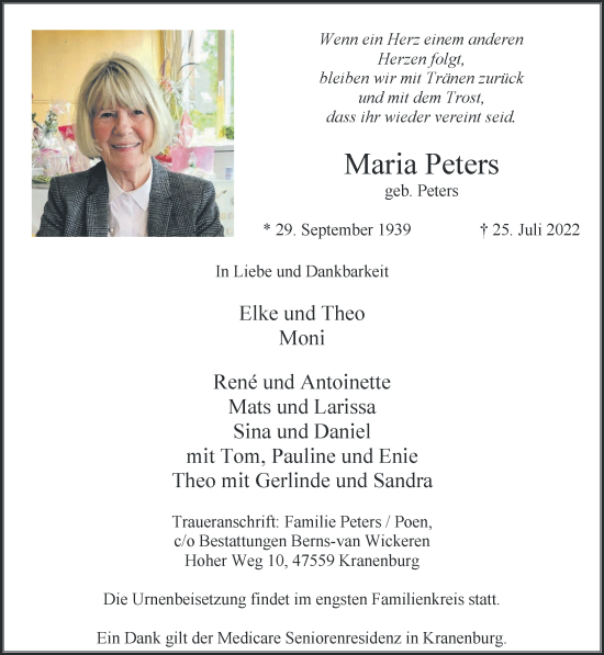Traueranzeige von Maria Peters 