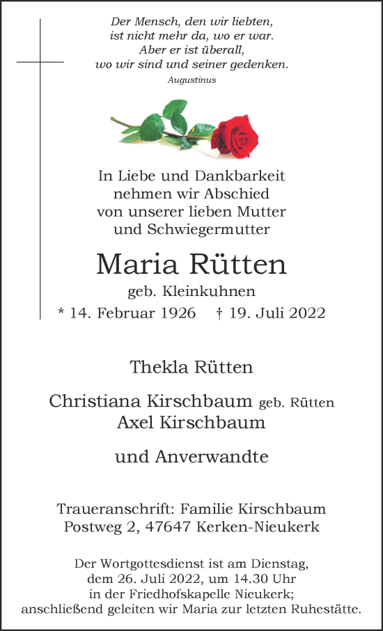 Traueranzeige von Maria Rütten 