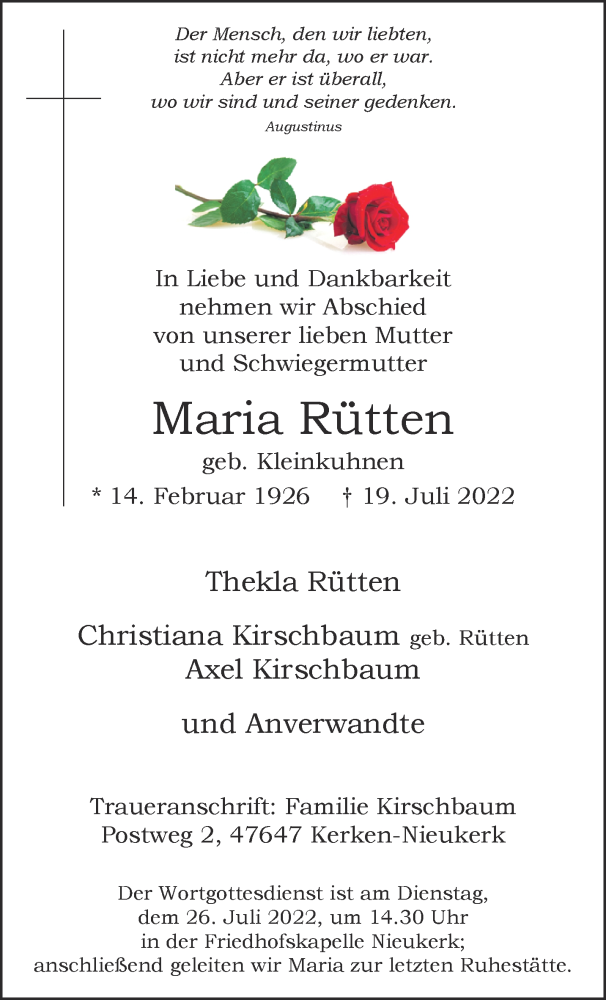  Traueranzeige für Maria Rütten vom 23.07.2022 aus 