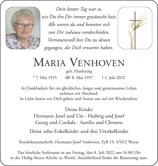 Traueranzeige von Maria Venhoven 