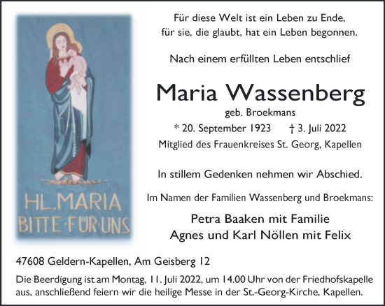 Traueranzeige von Maria Wassenberg 