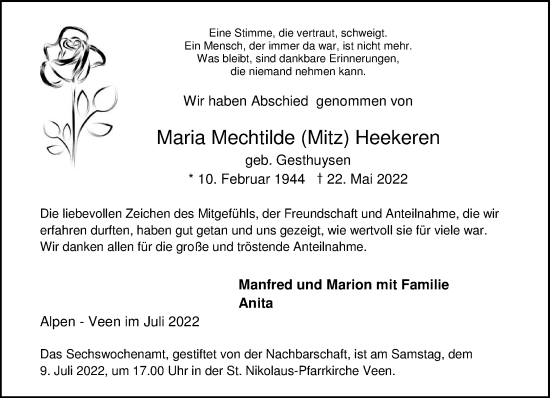 Traueranzeige von Maria Mechtilde Heekeren 
