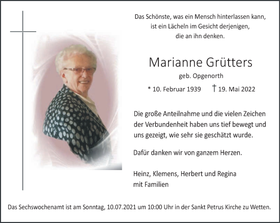 Traueranzeige von Marianne Grütters 